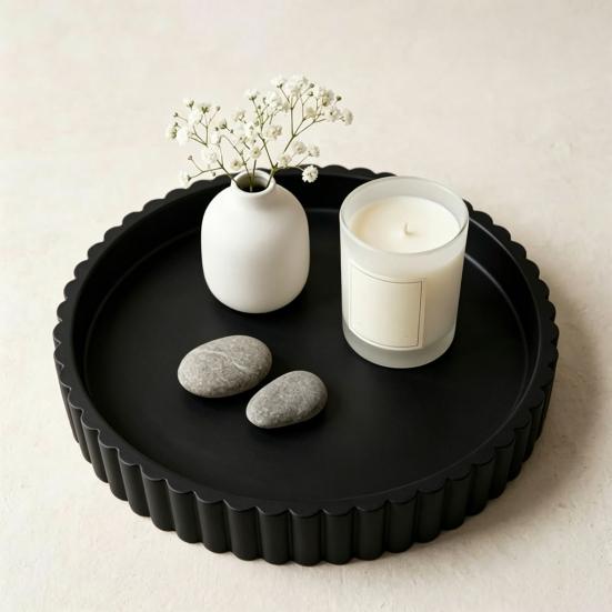 Round Decorative Tray for Coffee, Dining Table, Countertop, 3D Printed Scalloped Edge Serving Tray for Farmhouse, Kitchen, Home, Living Room
