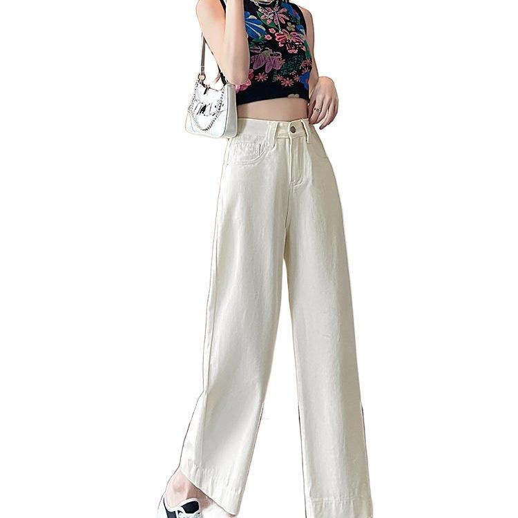 Khaki High-Waisted Cropped Wide-Leg Jeans for Women - Summer 2026 Thin Style, Petite Fit, Leg-Covering Straight Pants.