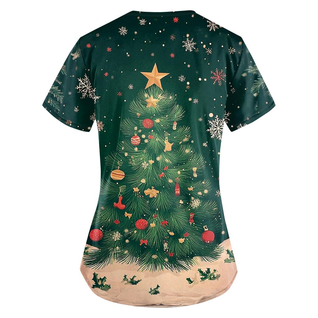 Women's Fashion V-Neck Short Sleeve Overalls With Pockets Christmas Printed Tops  Clothes