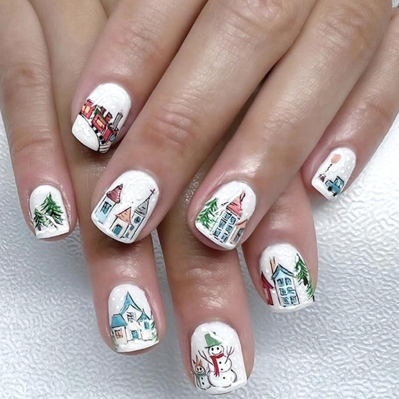 

Christmas Themed Press On Nail 24PCS Set Snowflake Design White Artificial Nail Blue Stripes Glitters Finish Comfort 1