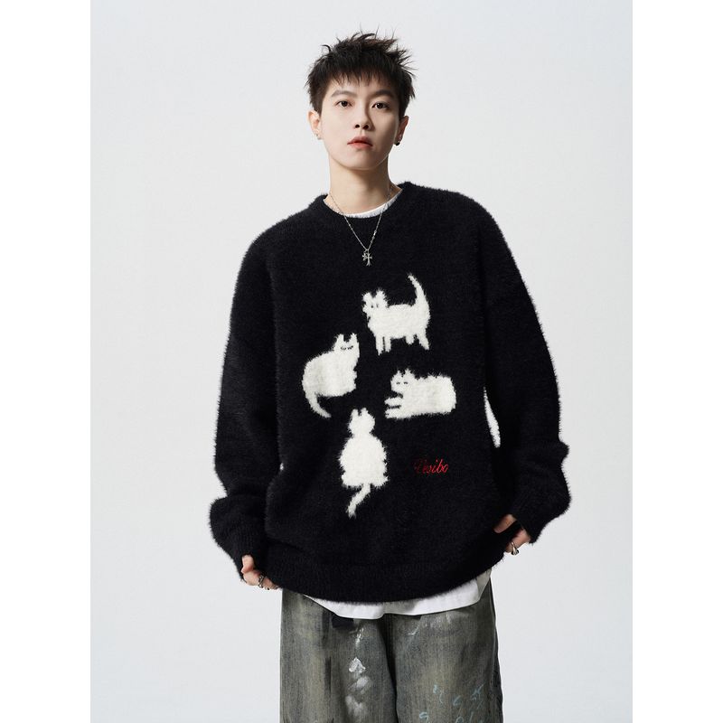 Heavy Mohair Knit Sweater for Men, Winter Trendy Brand, Lazy Style Cartoon Sweater, American Loose Fit Couple Casual Jacket