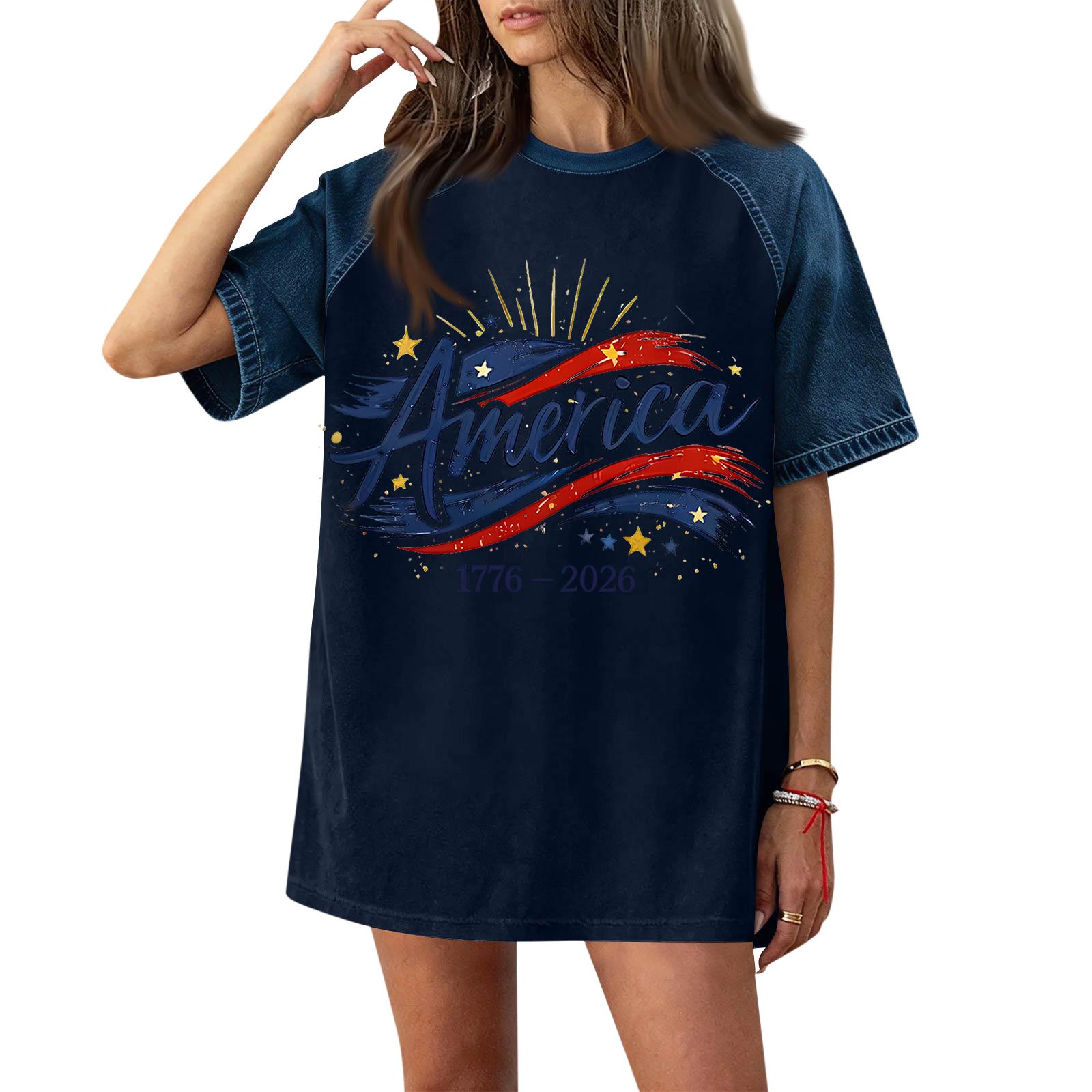 

Denim Patchwork Shirts For Women Stand Collar Casual Blouse Short Sleeve Comfy Tshirt Spring Summer Fashion S Темно-синій