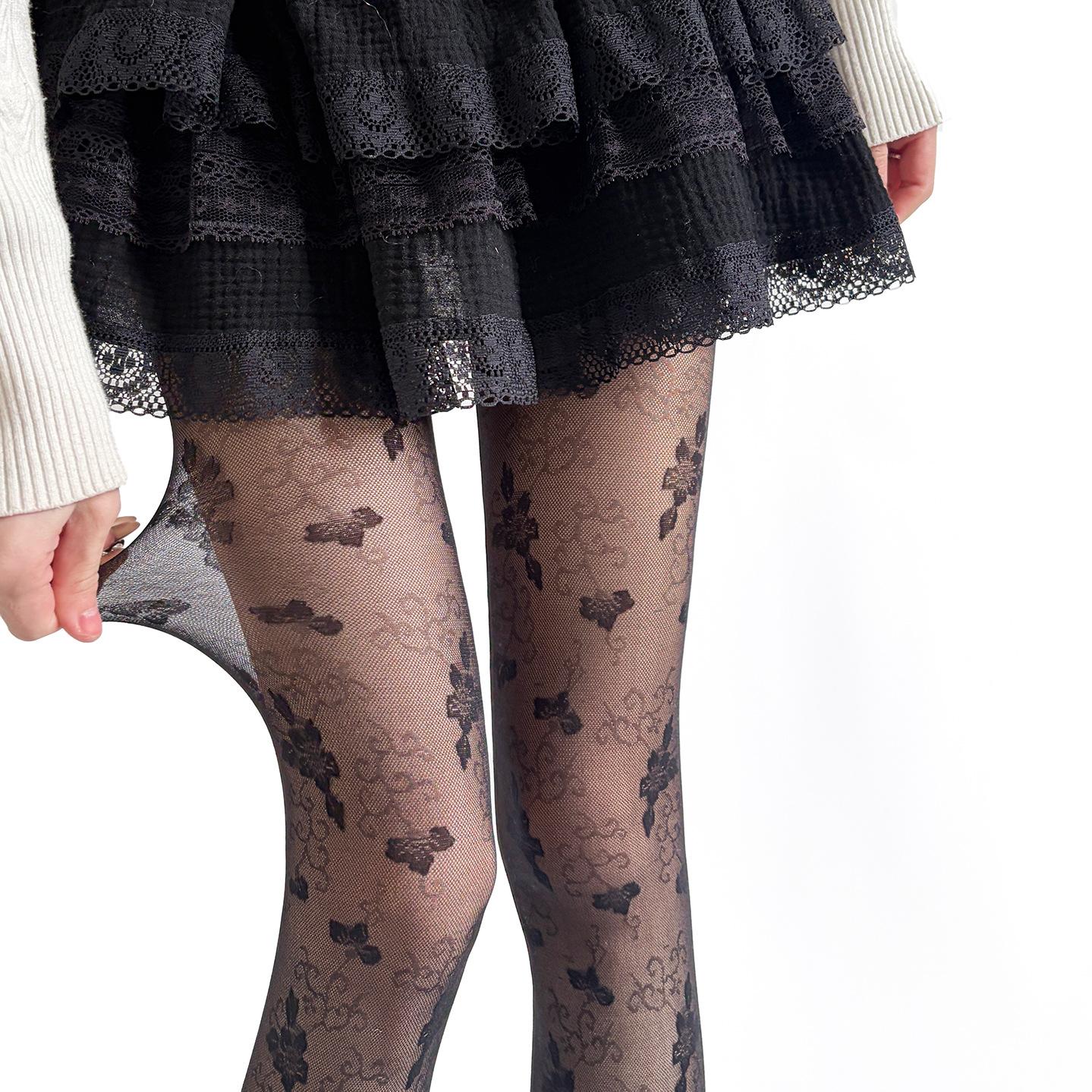 Retro Jacquard Floral Damen Strumpfhosen Strümpfe Spitze Floral Oberschenkelhohe Strümpfe Strumpfhosen Damen Strumpfwaren Ganzkörperstrümpfe Strumpfhosen One Size gray