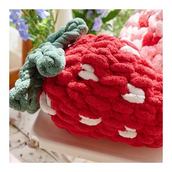 MOKOYA Fluffy Berry Stylish Strawberry Body Pillow, Soft Chenille Weave, Cute, Hand-knitted, Chewy Cushion, Strawberry, Red