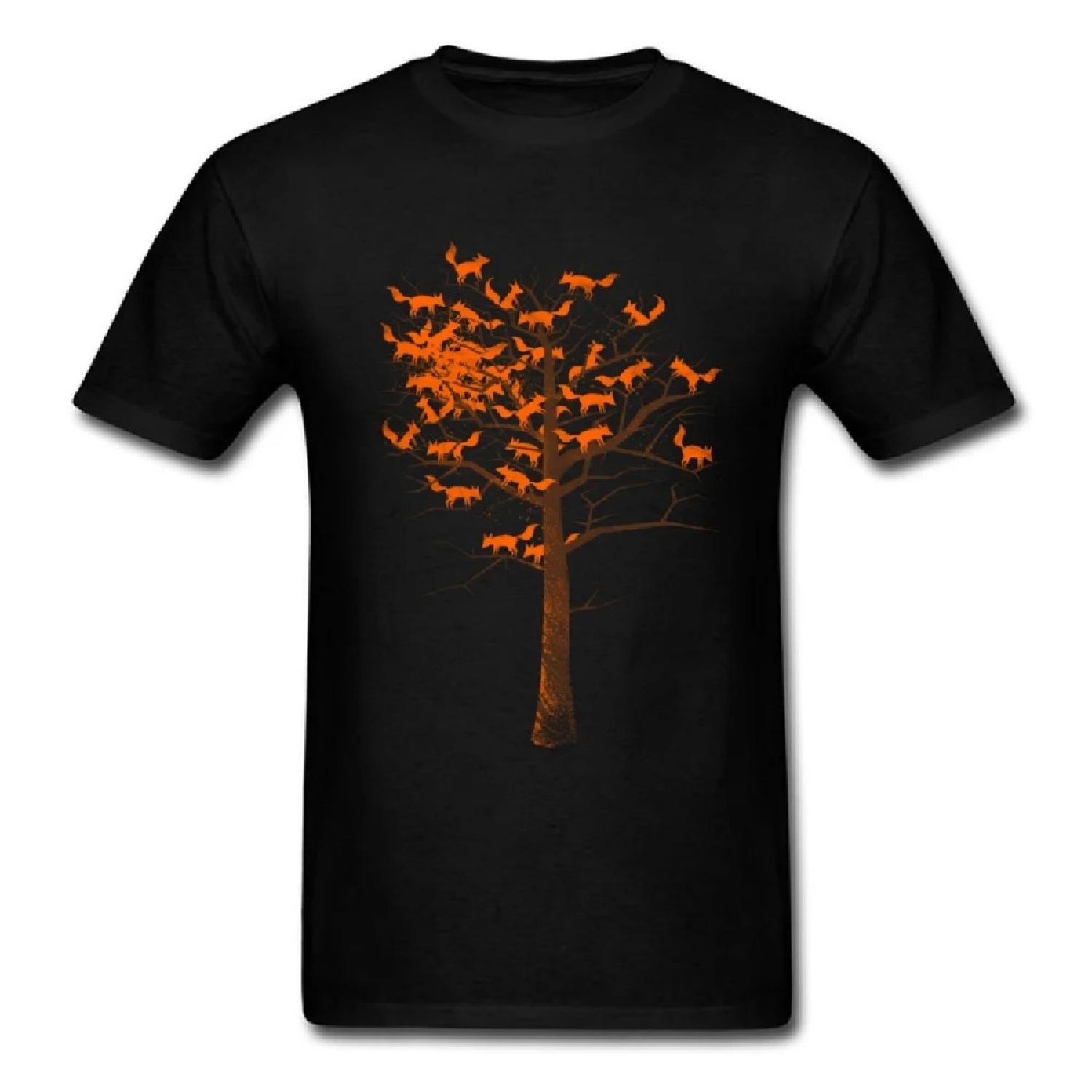 

Men Tshirts Blazing Fox Tree T-shirt Fox Color Autumn T Shirt Creative Design Black Tops Tees Cartoon Clothes No Fade Printed XXXXXL