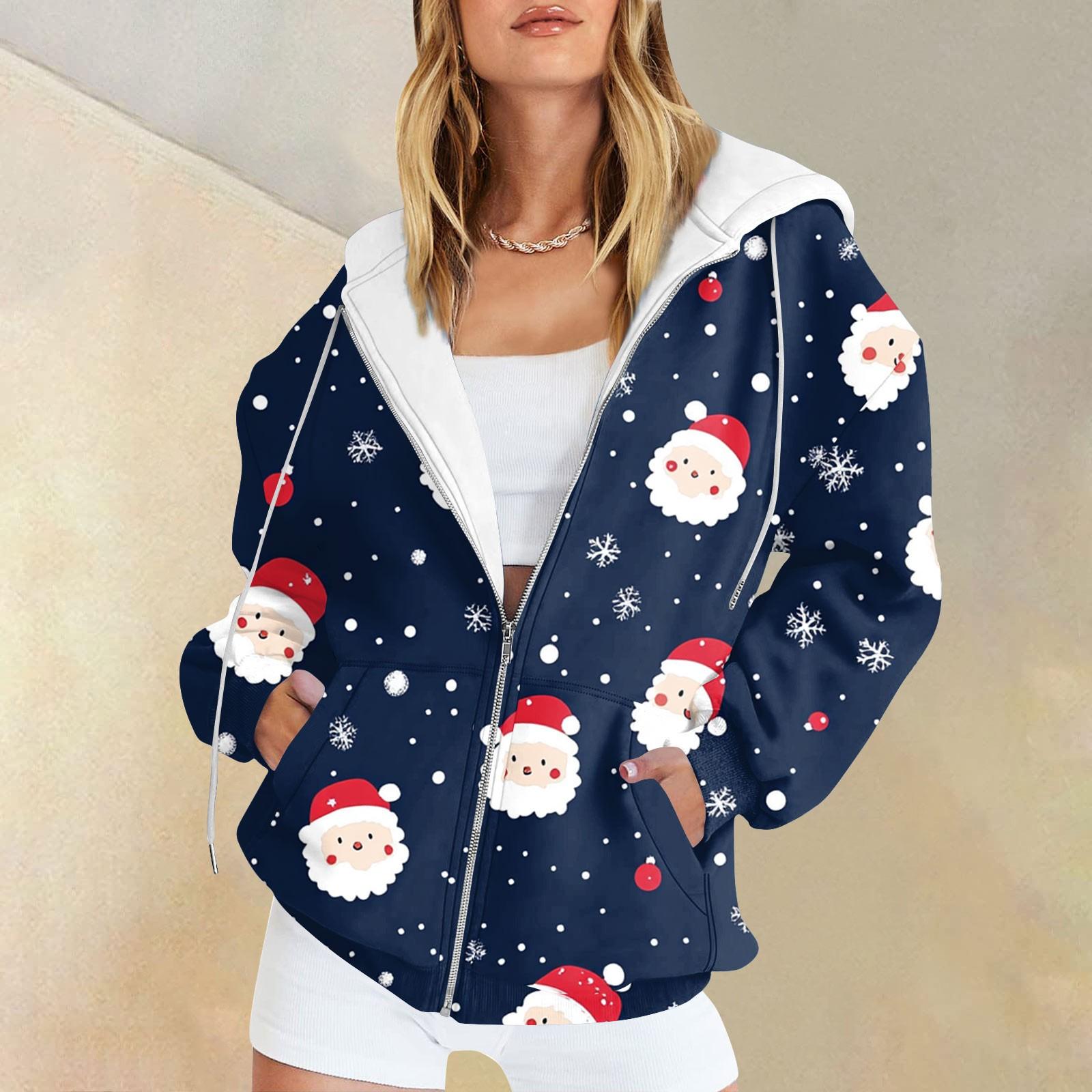 

Женская рождественская печатная толстовка, зимняя куртка-кардиган с длинными рукавами и карманами, на молнии, толстовка с капюшоном, верхняя одежда L