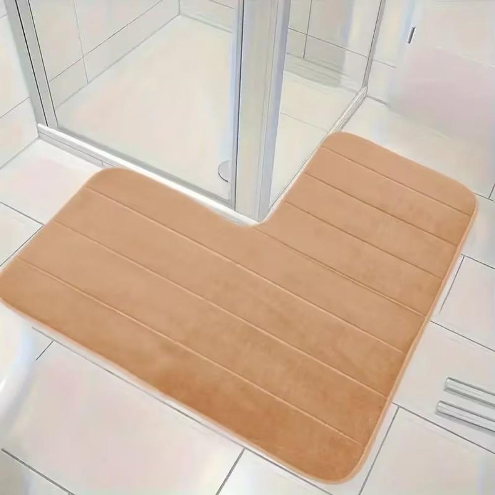 Striped L-Shaped Bathroom Floor Mat Coral Velvet Non-Slip Doormat Absorbent Foot Mat Shower Room