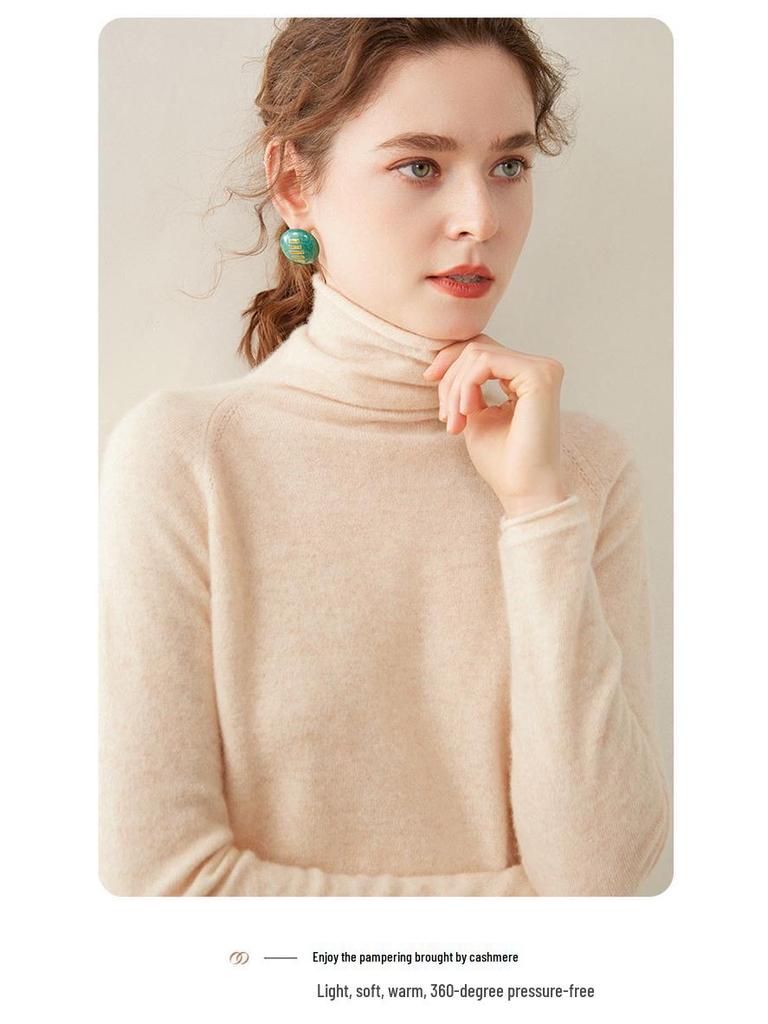 High-End Women's Loose Fit Cashmere Turtleneck Sweater with Rolled Edge