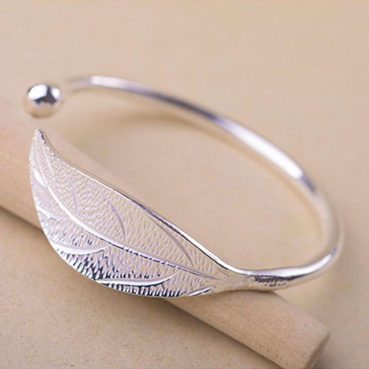Korean Style Silver Leaf Open Bracelet for Women