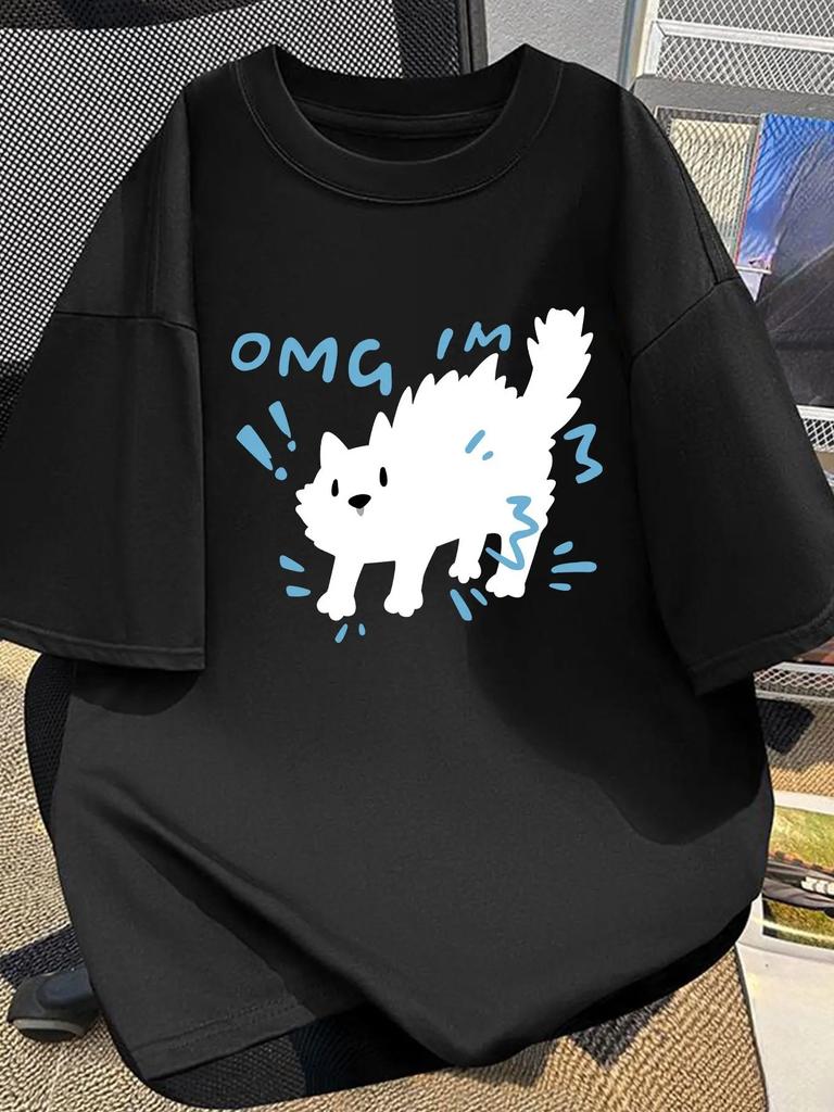 Women Cat Graphic T-Shirt Casual Crew Neck OMG Cat Print Regular Fit Summer Casual Wear Breathable Short Sleeve Tee Fashion Y2K