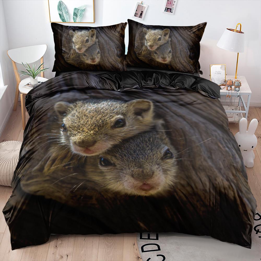 Comforter 3D Squirrel Funny Animal 2/3Pcs Bedding Set Black Unique Soft With Pillow Shames King Queen Size For Kids Teens Boys
