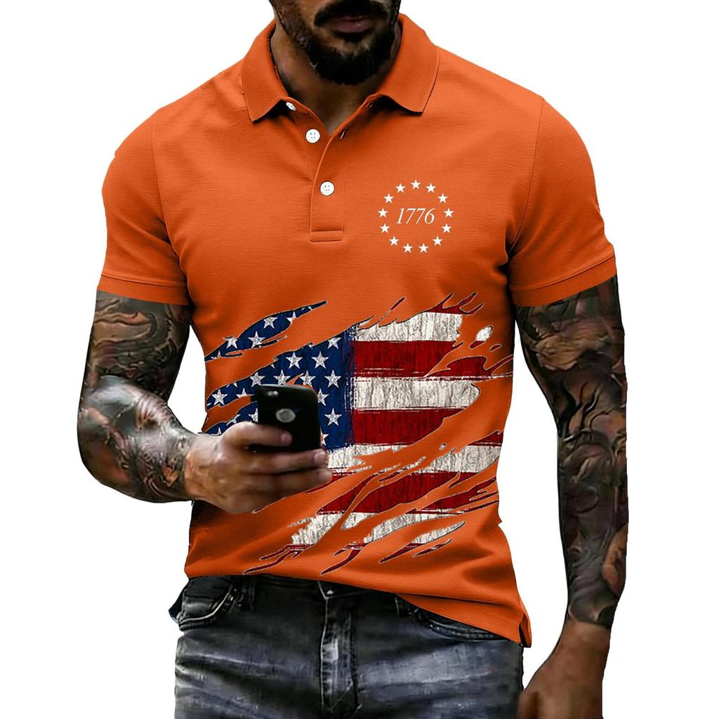 Men's Loose Fit Casual Polo Shirt Short Sleeve Flag Print 1776 Graphic Design Button Collar Summer Top