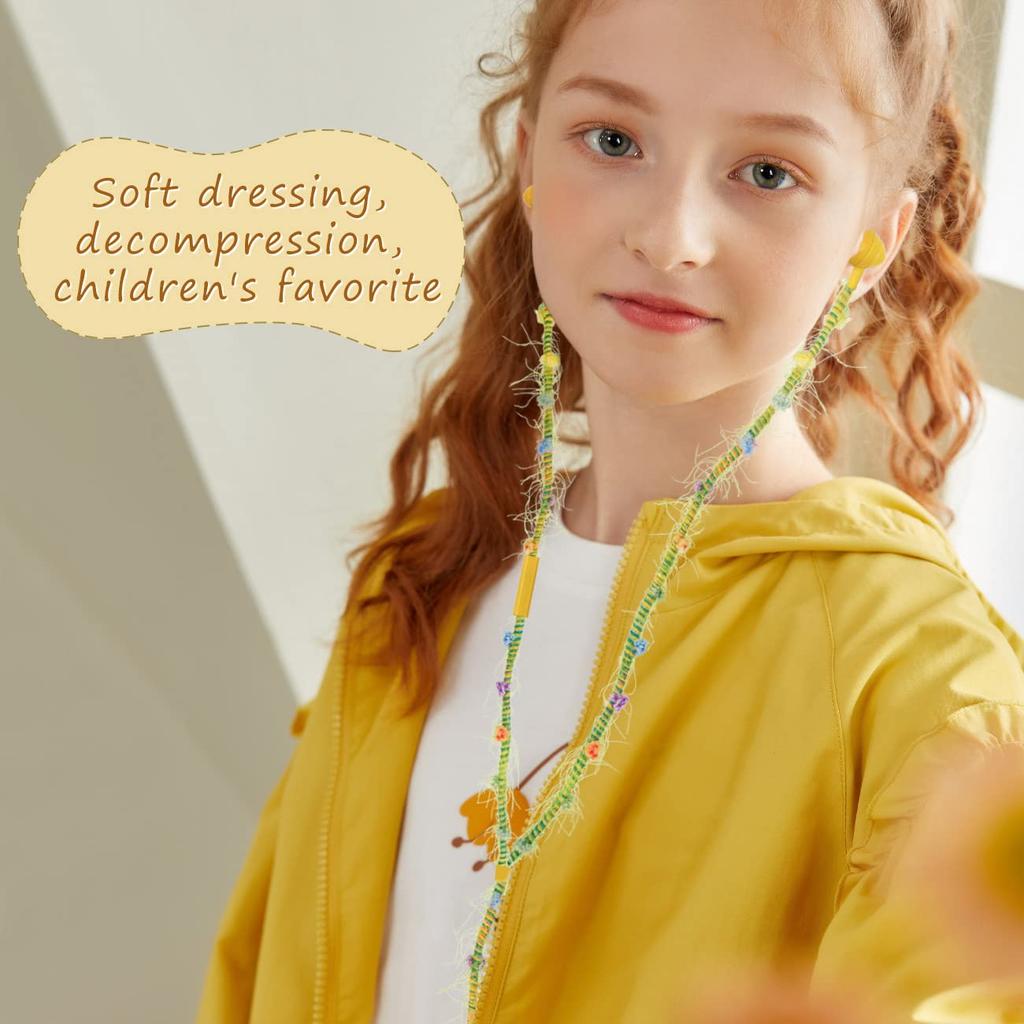 URIZONS [2-Piece] Woven Wired In-Ear Colorful Fuzzy Earbuds - Tangle-Free Noise-Isolating Girls' Cute Headphones with Mic for Kids