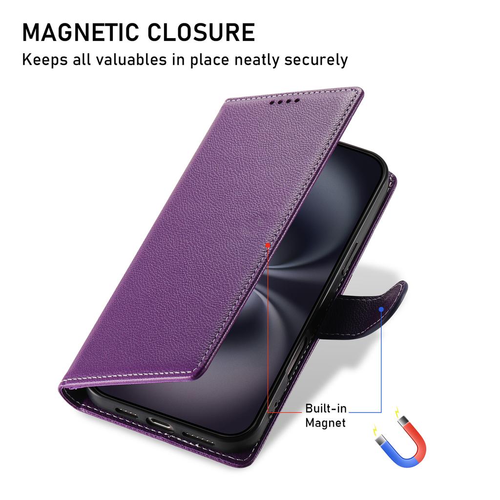 For iPhone 17 Pro Max Case Magnetic Snap Litchi Texture Leather Wallet Phone Cover with Wrist Strap