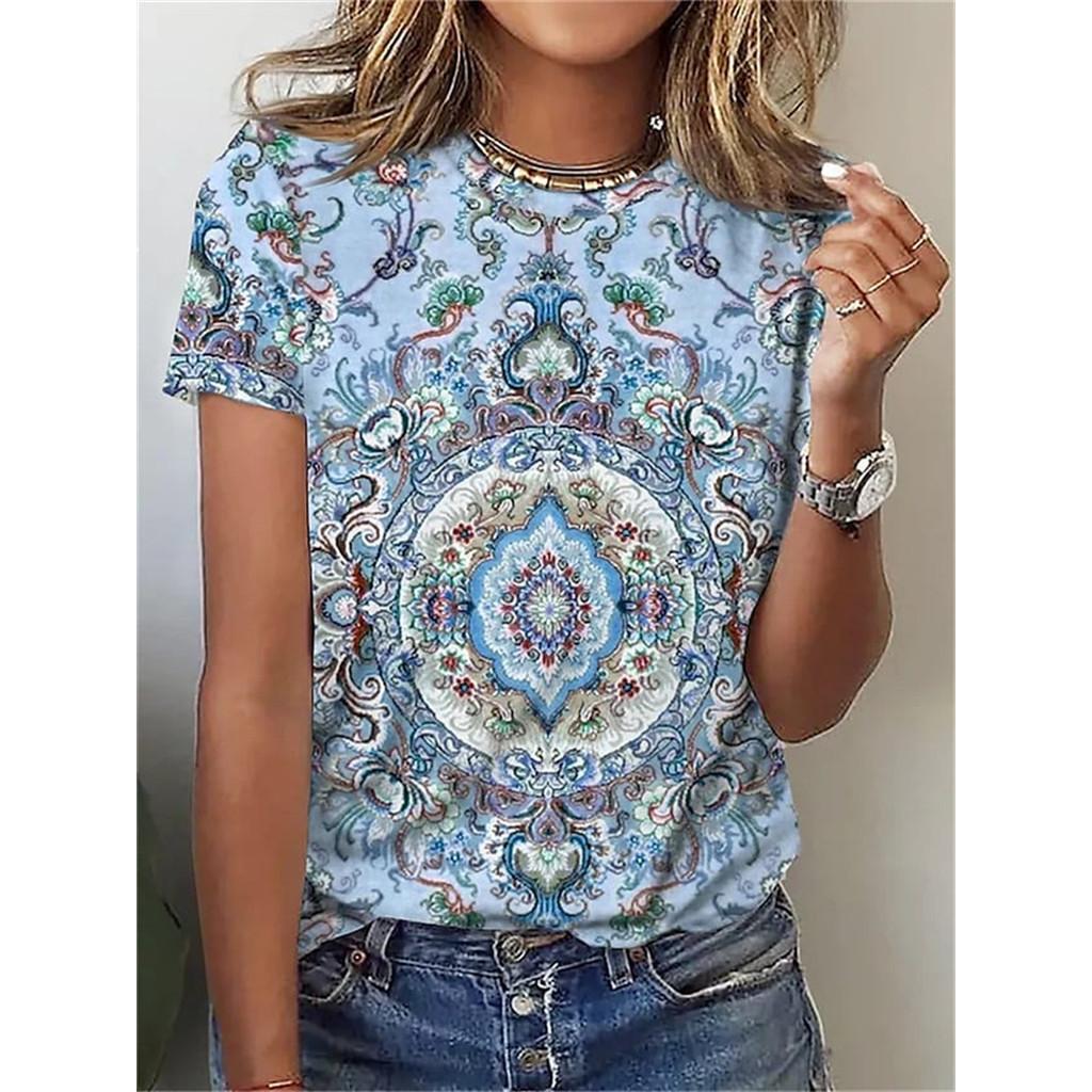 Printed women's round neck loose short sleeved T-shirt animal print top Harajuku streetwear