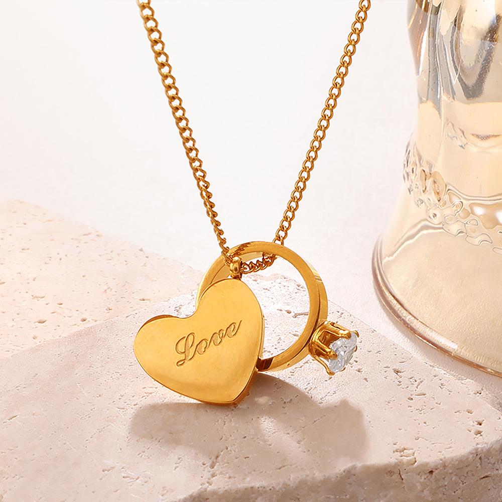 

European and American Gold Love Ring Double Pendant Chain Love Print Diamond Design Fashionable Stacking Couple Necklace 2026 45CM