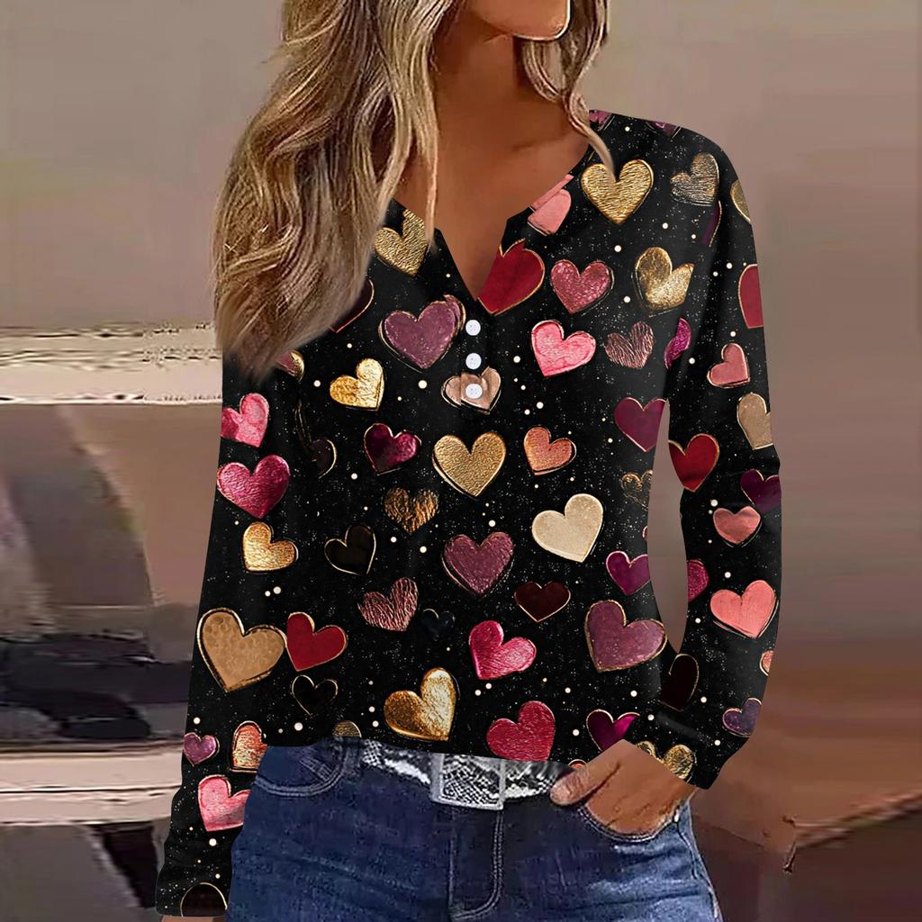Women's T Shirt Tee Valentine's Day Printed Button Long Sleeve Tunic Daily Weekend Fashion Basic V- Neck Regular Top