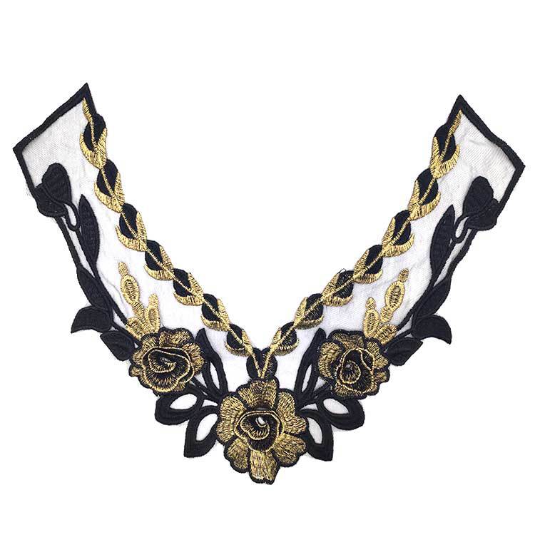 Wateroplosbare kanten kraag, goudkleurige draadkraag, netbodem borduur corsage DIY kanten accessoires, zwart en goud.