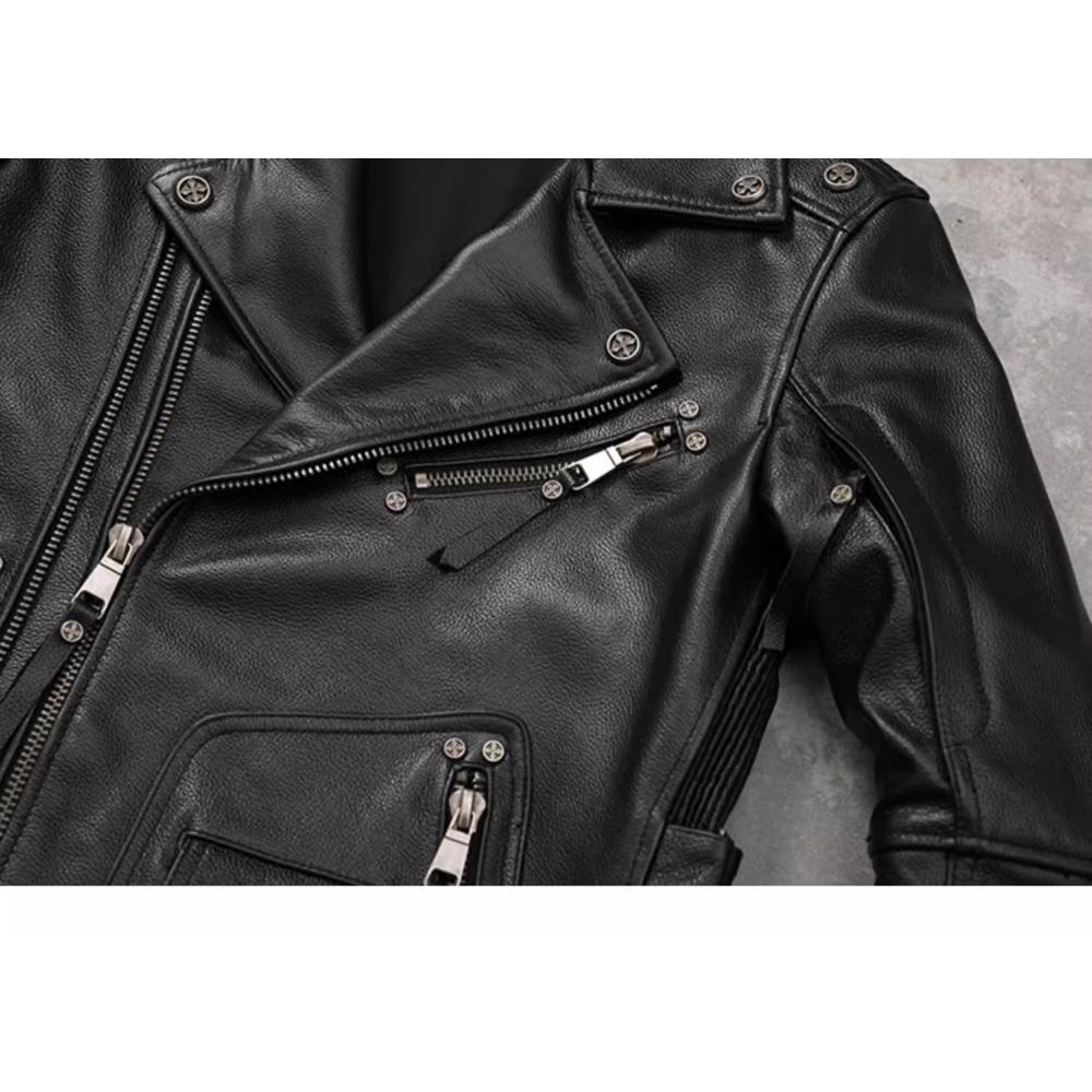 Chinese Size Motorcycle Cowhide Genuine Leather Jacket Men Slim Stone Milled Retro Jacket Calfskin Coat Men Moto Biker Riding Clothes