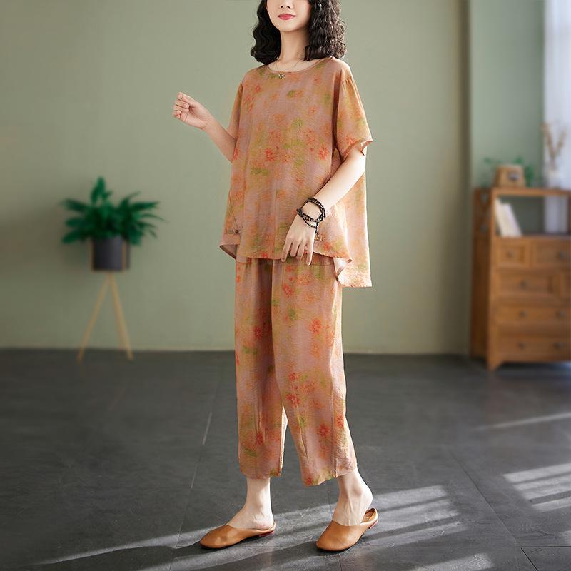 

2025 Summer Cotton Linen Floral T-shirt & Harem Pants Set for Women 3XL оранжевый