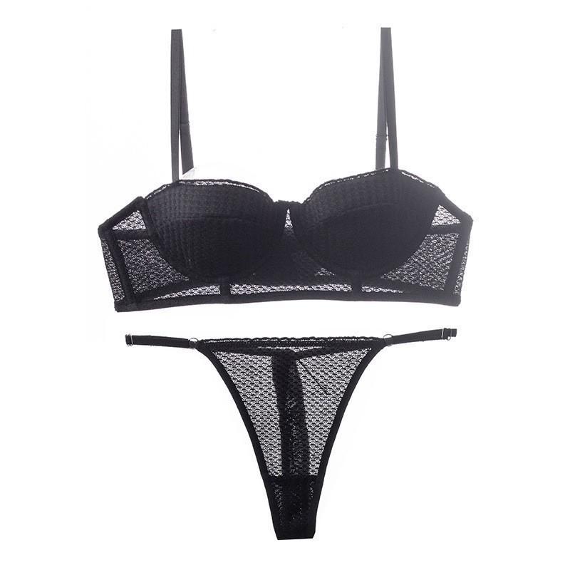 

Французский комплект нижнего белья пуш-ап: Женский сексуальный хлопковый бюстгальтер-полукубок и стринги с боковой поддержкой Medium чёрный