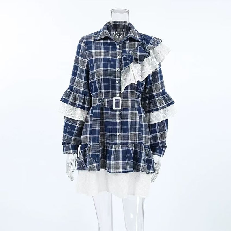 

Европейское и американское ретро контрастное цветное платье с нерегулярными оборками в клетку с длинным рукавом платье с оборками в виде листьев лотоса Plaid S