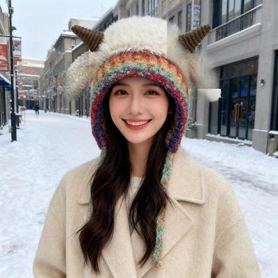 2025 New Ethnic Style Goat Horn Plush Wool Hat Women's Autumn and Winter Warm Versatile Ear Protection Knitted Hat Shows Small Face