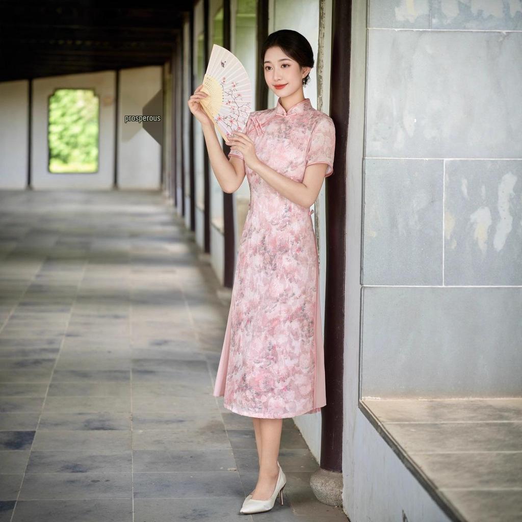Modern Short Sleeve Long Cheongsam Dress In Literary Chinese Style