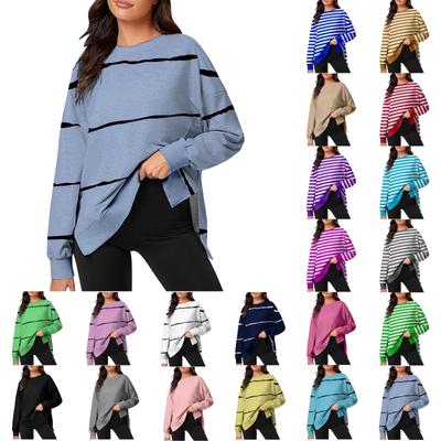Women's Casual Loose Fitting Pullover Sweatshirt Stripe Print Split Stitch Long Sleeved Sweatshirt