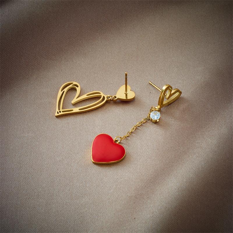 

Gold Plated Asymmetric Red Enamel Heart Drop Earrings for Women Stainless Steel золотой