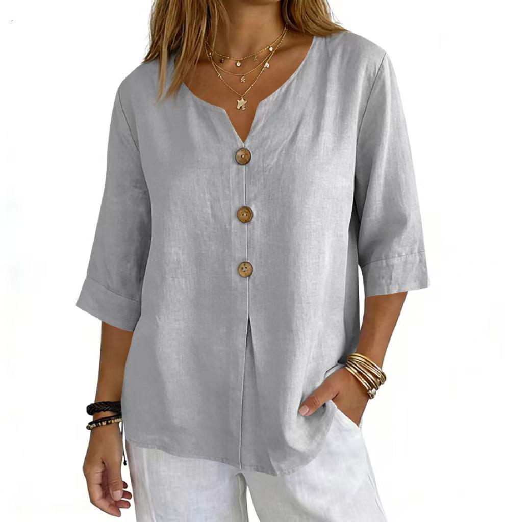 2026 Cotton Linen Three-Quarter Sleeve Button-Down Casual Loose Top Solid Color Shirt