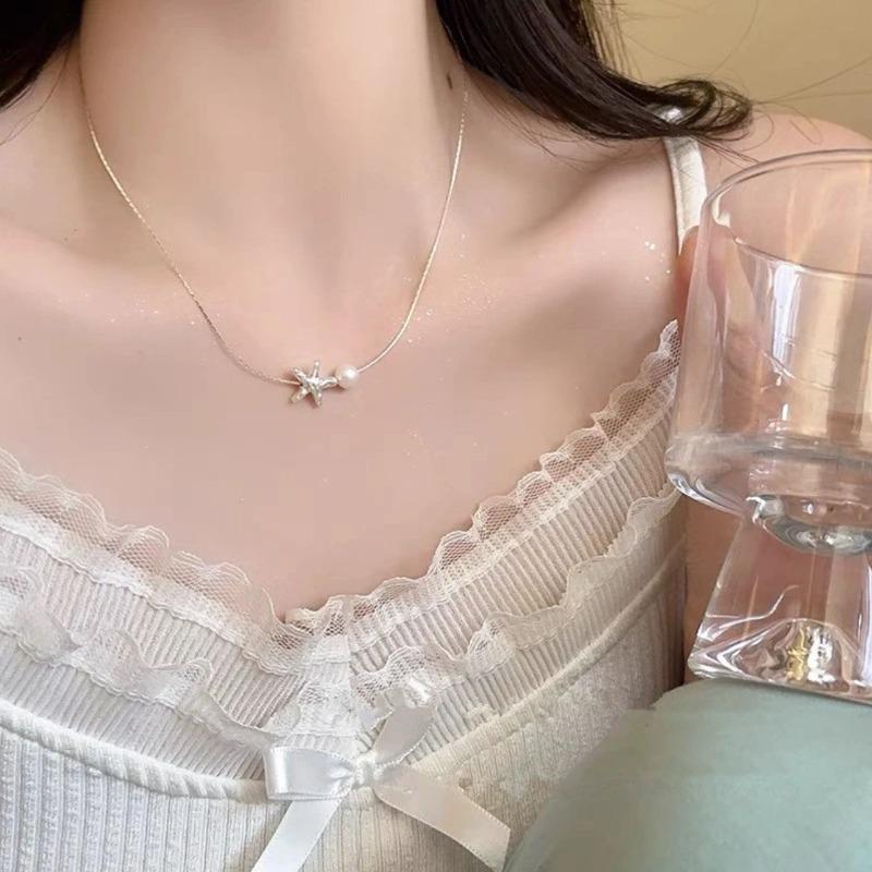 Simple Fashion Starfish Pendant Necklace for Women Elegant Pearl Clavicle Choker Necklace Spring Summer Jewelry Wholesale