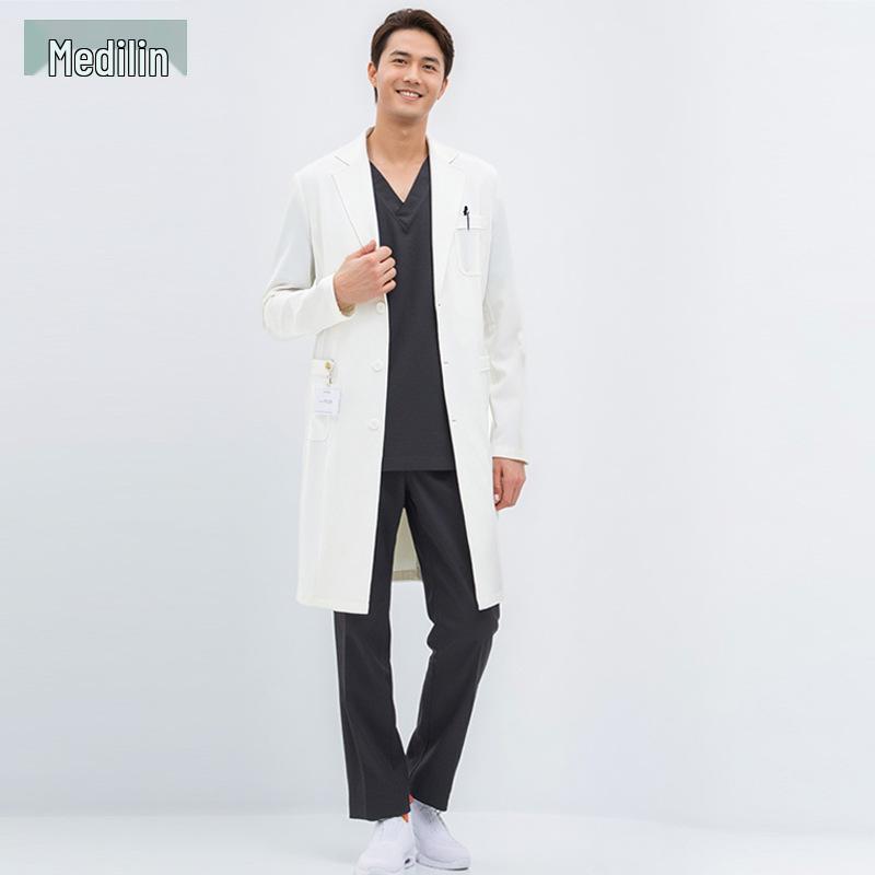 

Високоякісний медичний білий халат у корейському стилі: Унісекс Довгий рукав Лікар, Студент, Лабораторія, Салон краси Уніформа M