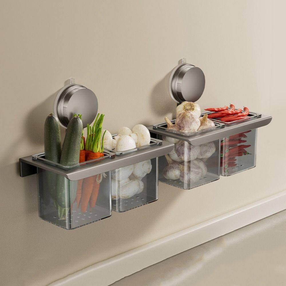 Large Capacity Suction Cup Ginger Storage Box Carbon Steel Ginger Garlic Storage Baskets  Kitchen