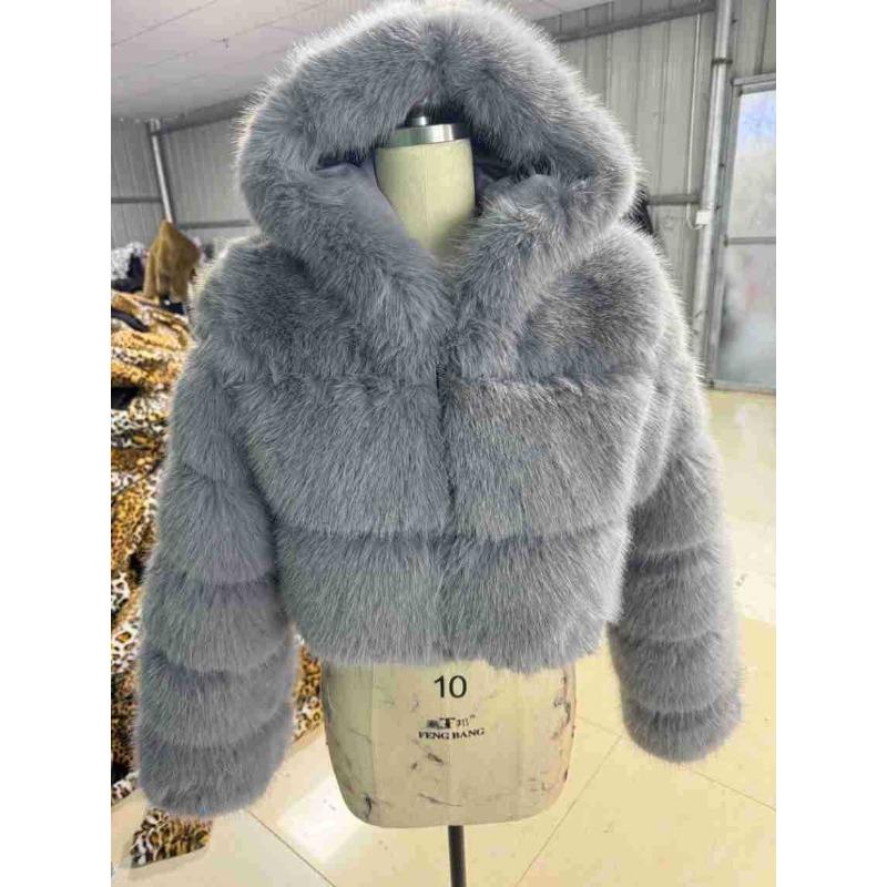 Damska Biała Krótka Bluza z Kapturem ze Sztucznego Futra Luksusowy Ciepły Płaszcz Zimowy