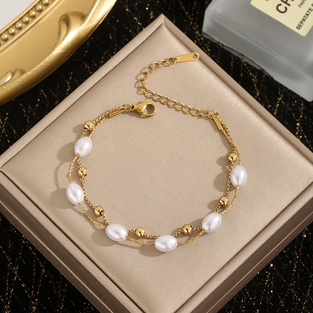 Luxury Double Layer Pearl Bracelet - Stainless Steel Jewelry for Women, Hypoallergenic Gift & Party Bangles Chain Accessories