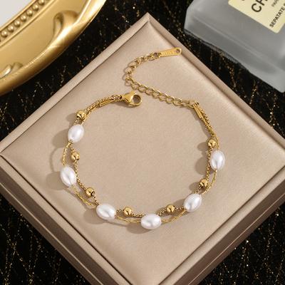 Luxury Double Layer Pearl Bracelet - Stainless Steel Jewelry for Women, Hypoallergenic Gift & Party Bangles Chain Accessories