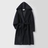 Winter Wool Cashmere Hooded Bathrobe: Long, Cozy, Belted Outerwear Coat Without Buttons