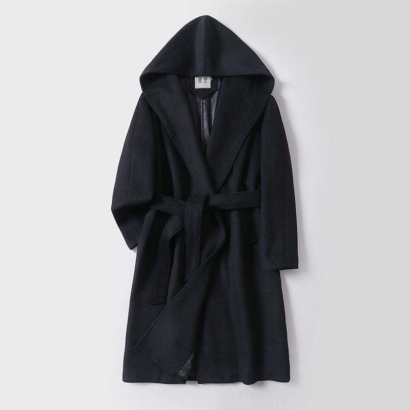 Winter Wool Cashmere Hooded Bathrobe: Long, Cozy, Belted Outerwear Coat Without Buttons