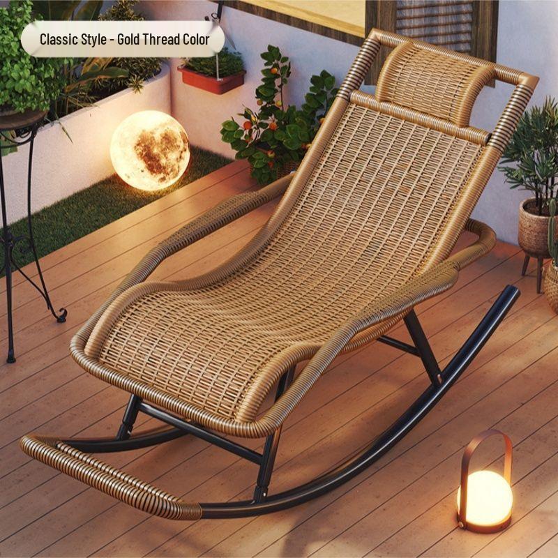 Adult Rattan Rocking Chair: Steel-Framed Recliner for Leisure and Napping on Balconies