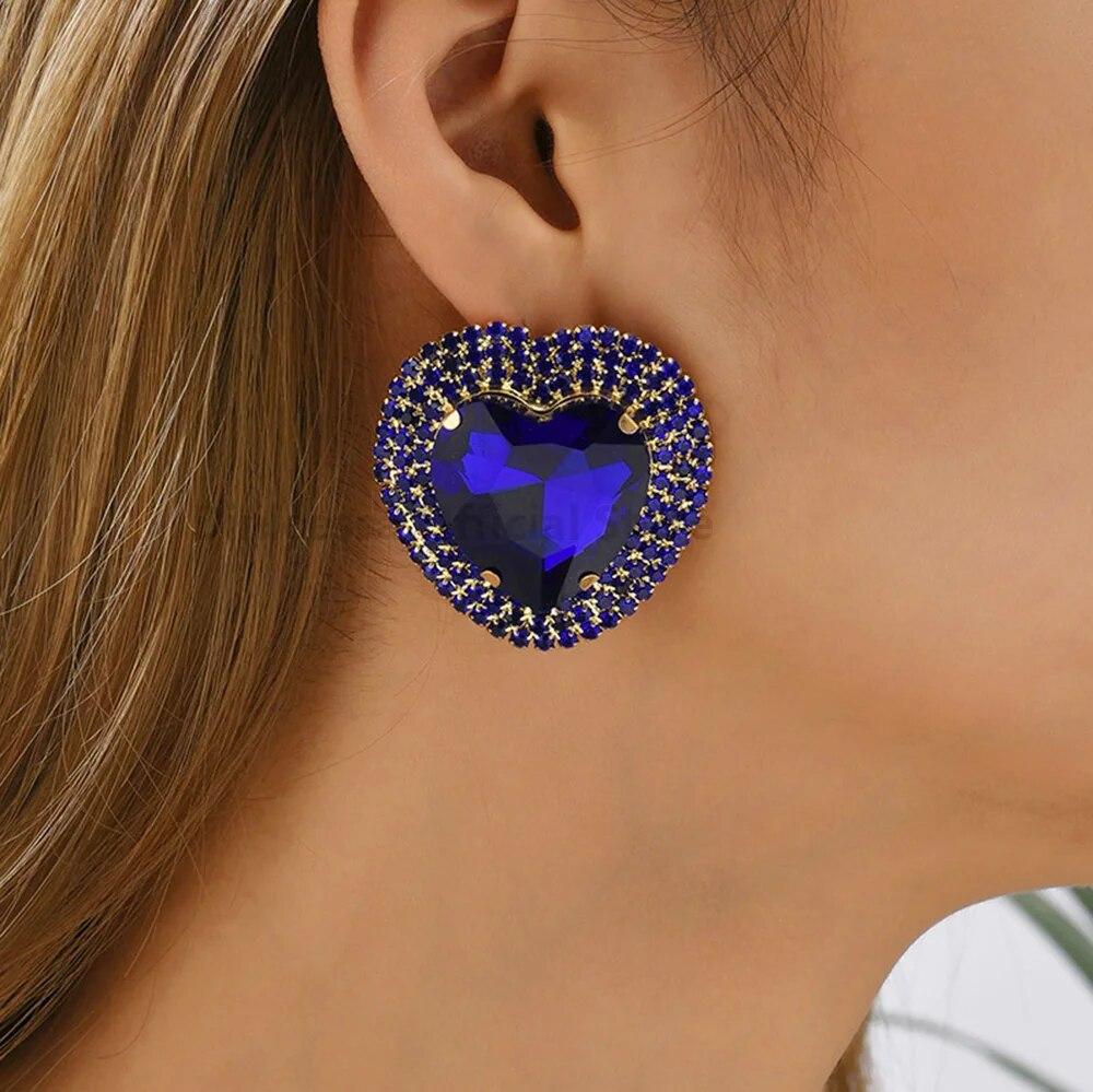 Heart Shiny Glass Charm Decor Bride Big Stud Earrings For Women Trend Luxury Fairy Romantic Wedding Party Jewelry Accessories