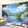 Waterfall Lake Tapestry Wall Hanging, Green Mountain Forest & Pink Flower Nature Landscape Wall Art for Home Decor