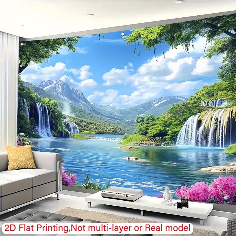 Waterfall Lake Tapestry Wall Hanging, Green Mountain Forest & Pink Flower Nature Landscape Wall Art for Home Decor