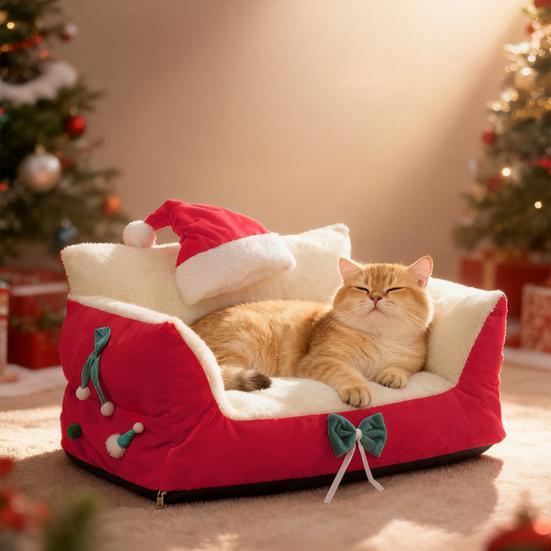 Christmas Cat Bed Fluffy Pet Sofa Bed with Removable Washable Cover Cozy Plush Cat Sofa for Winter Holiday Indoor Cats Rest Play