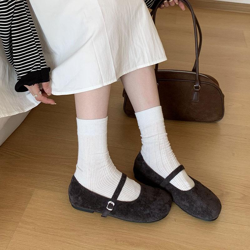 Mode Flache Mode Schnallenriemen Damen Mary Janes Ballerinas Schuhe Weiblich Runde Zehenpartie Schuhe Flock Damen Ballerinas Tanzschuhe