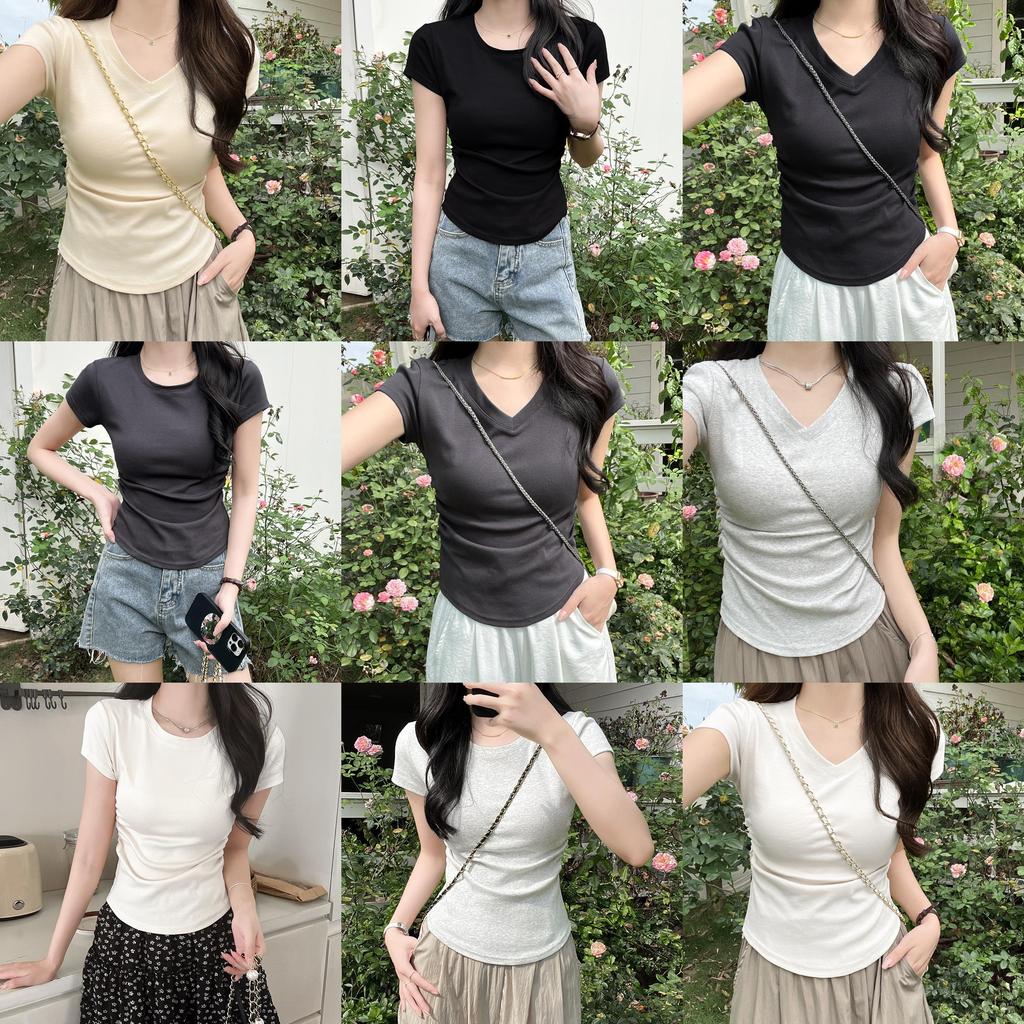 Plain Cotton Short Sleeve T Shirt With Pleated Detail For Casual Wear