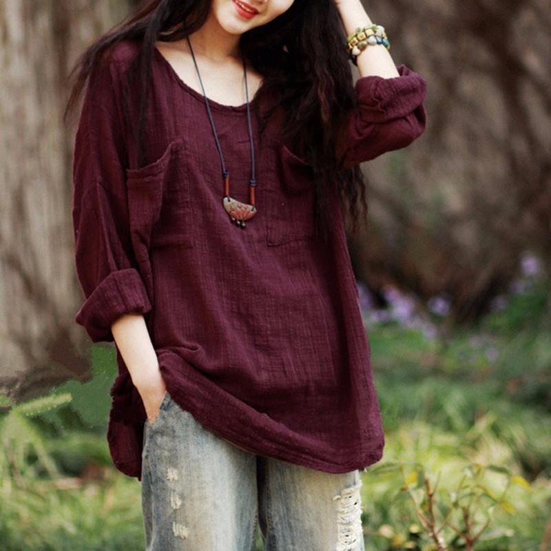Camicetta da Donna Oversize in Cotone e Lino a Manica Lunga con Vestibilità Casual e Tasche Frontali