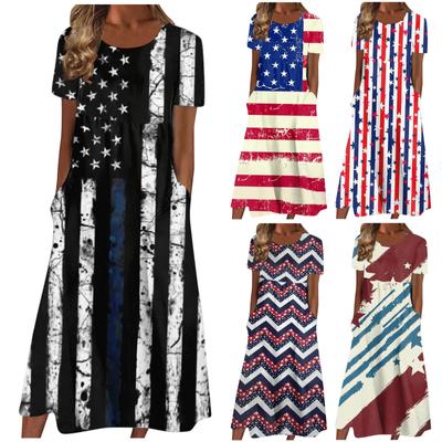 Women's Summer Casual Fashion Independence Day Printed Short Sleeve Round Neck Pocket Dress