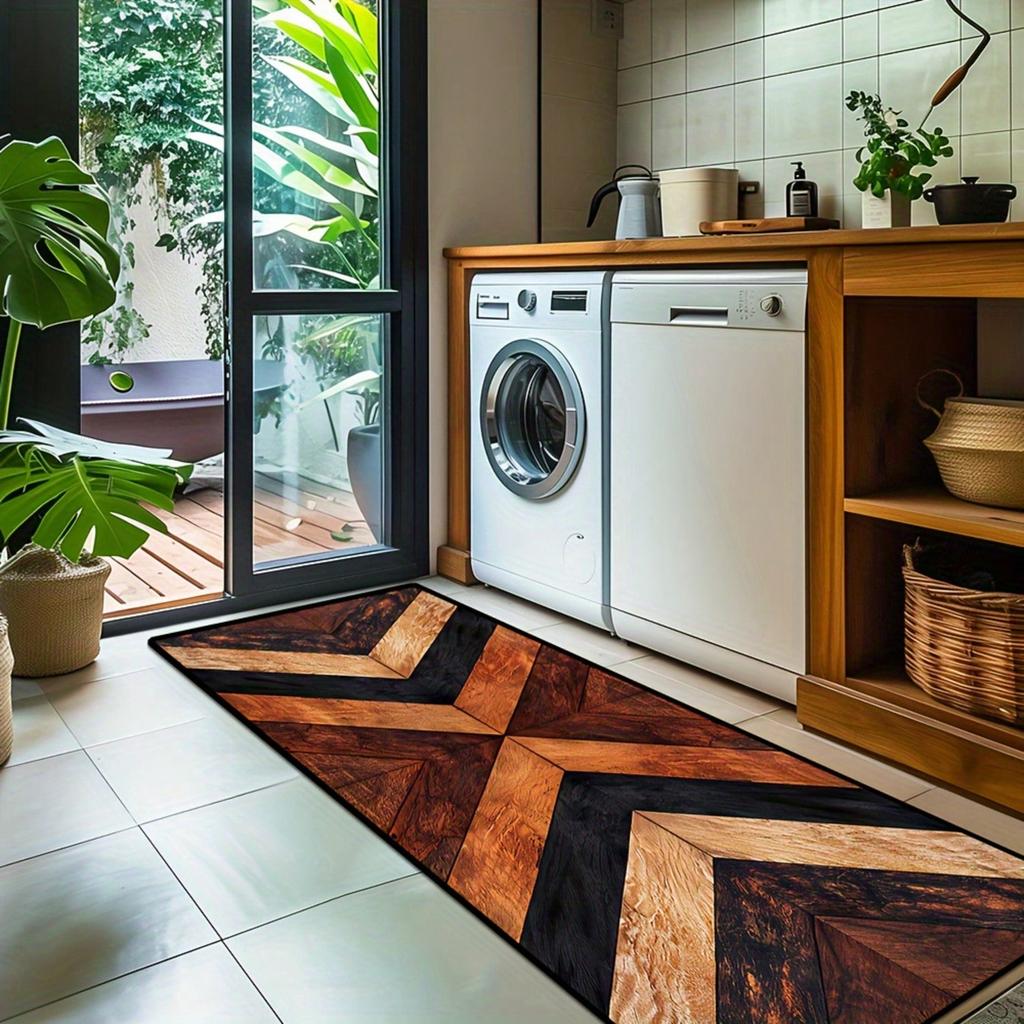 Modern Minimalist Carpet Mat Rug Geometric Stripe Wood Grain Design for Hallway Bedroom Laundry Room Home Decoration Floor Mat