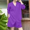 ZANZEA Women Turn Down Collar Long Sleeve Blouse Summer Shorts Two Piece Outfits